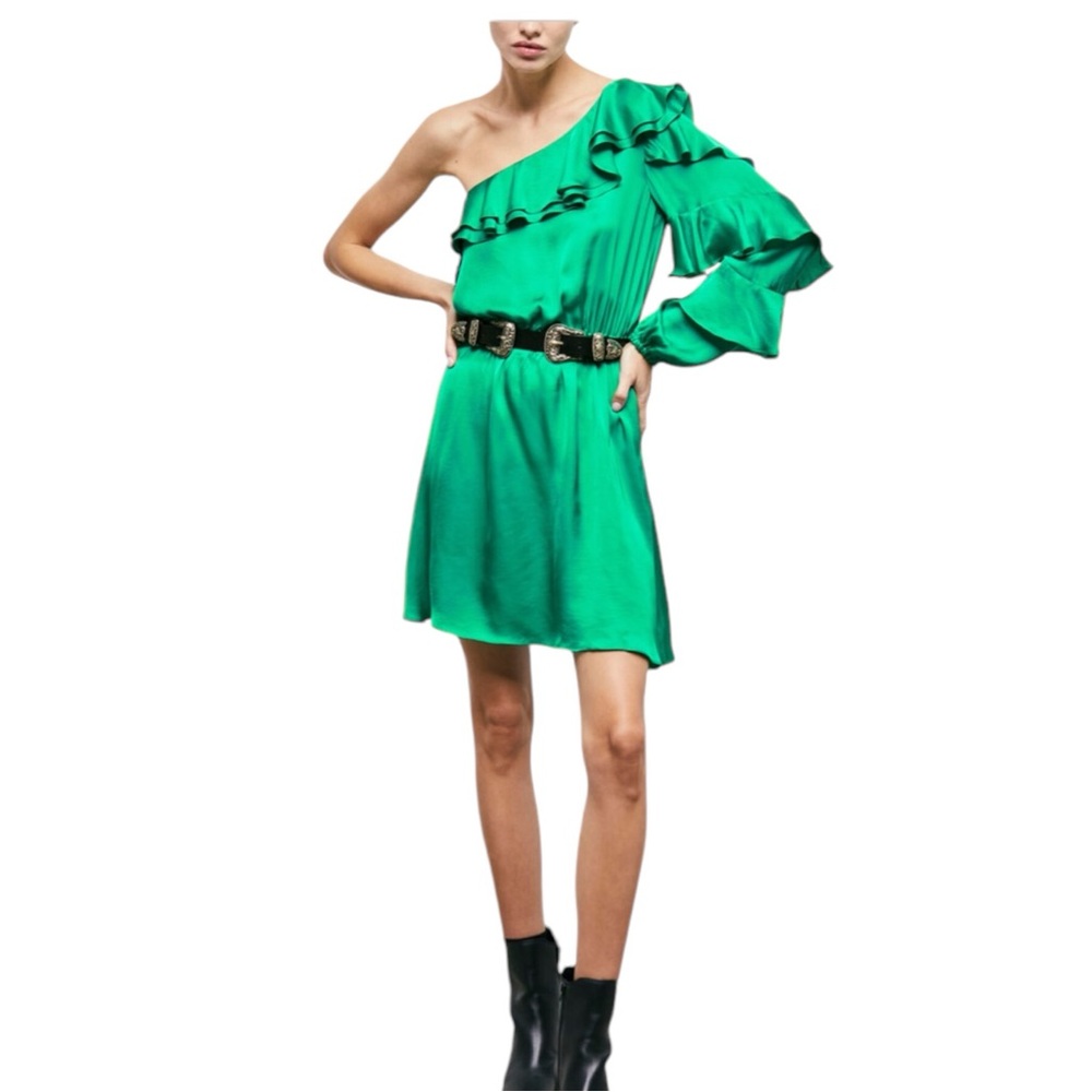 THE KOOPLES Short Asymmetric Green Dress With Double Ruffle Sleeve And Neckline